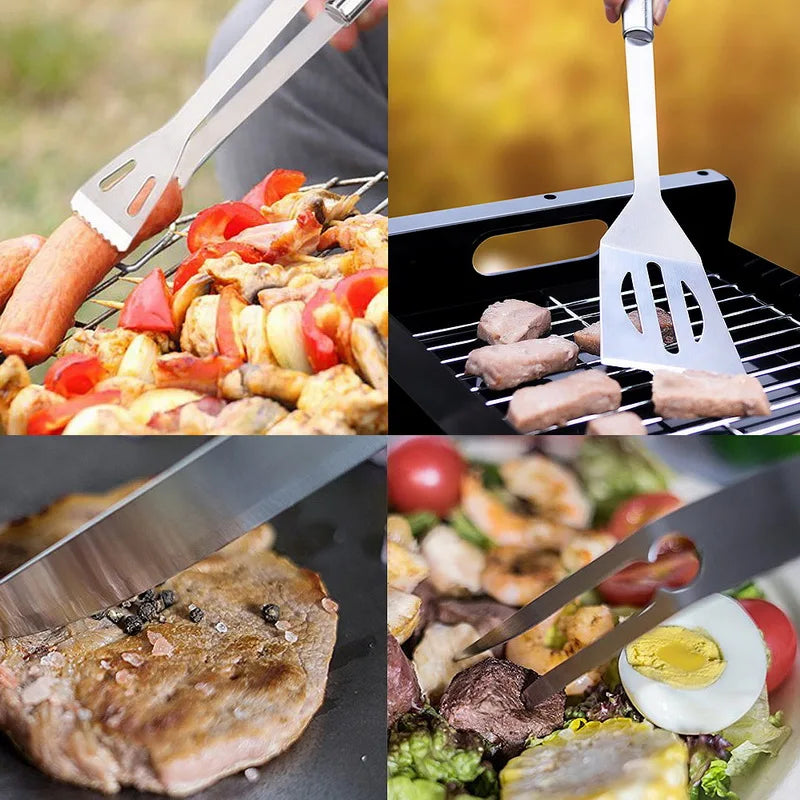 Stainless Steel BBQ Tools Set Spatula Fork Tongs Knife Brush Skewers Barbecue Grilling Utensil Camping Outdoor Cooking Tool Set