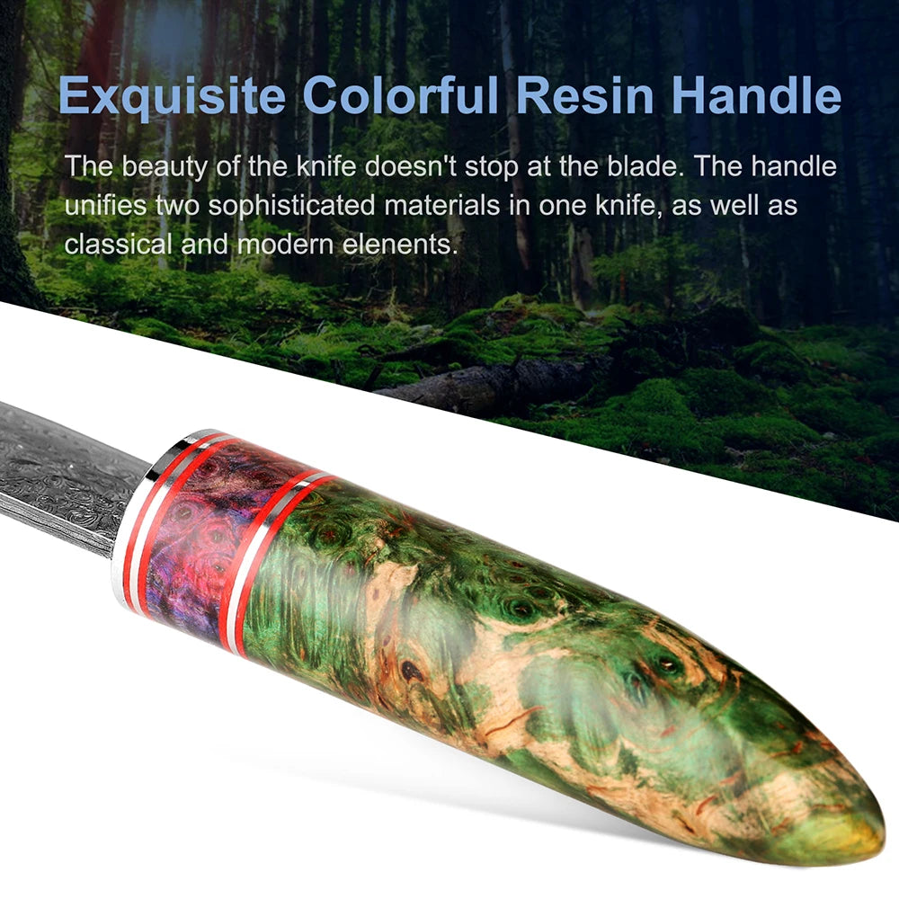 Fixed blade Hunting Knife Handmade forged Damascus Steel camping knife blade Portable survival Tactical Knives Leather sheath