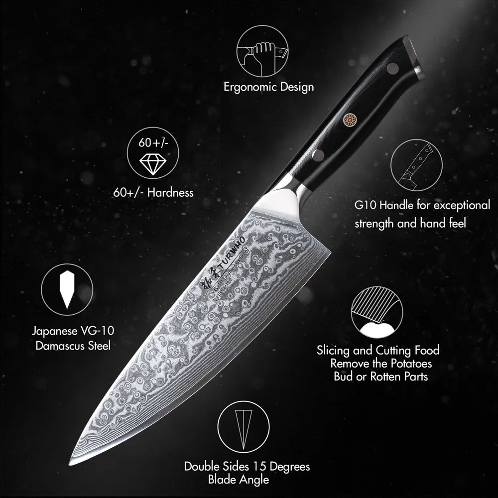 TURWHO 7 Piece Japanese Chef Knife Set VG10 Damascus Steel Meat Cleaver Practical Vegetable Santoku Bread Knife Cooking Tools