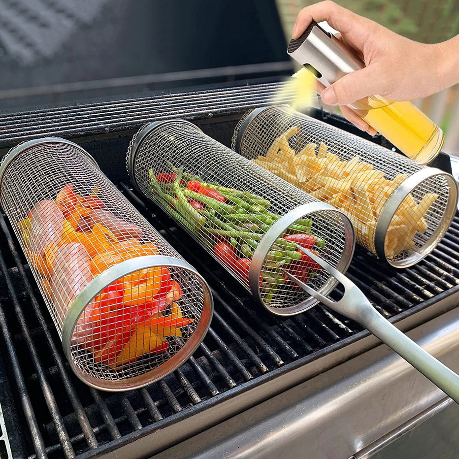 Rolling Grilling Basket Stainless Steel Bbq Cylinder Grill Basket Mesh Portable Outdoor Camping Barbecue Rack