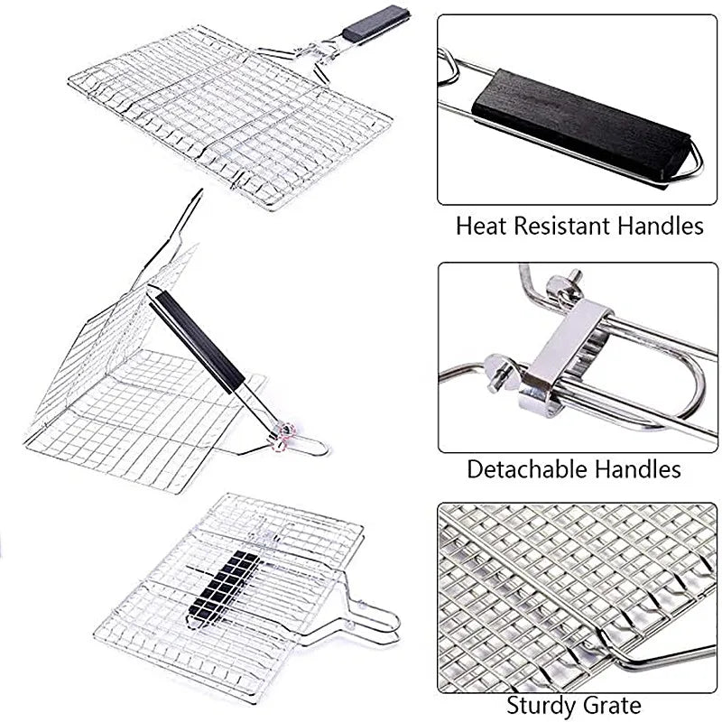 1 Barbecue Basket Stainless Steel Detachable Folding Square Grill For Roasting Fish Shrimp And Kabob Vegetables On The Stove