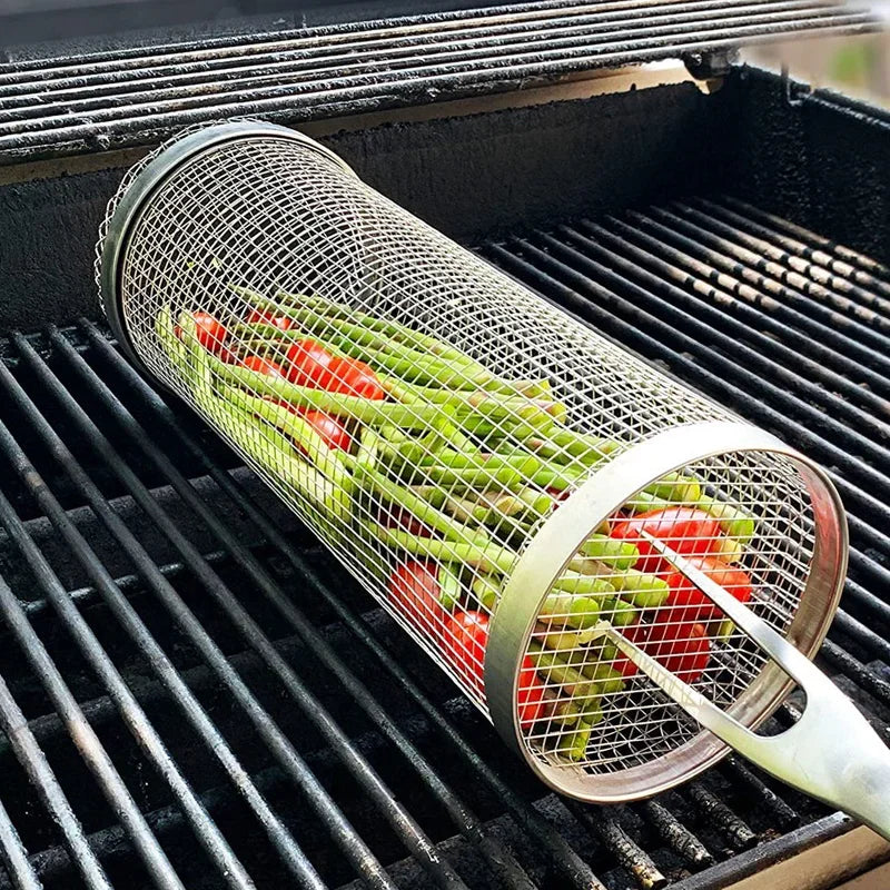 1 Basket Leakproof Outdoor Rack Grilling Simple Camping Cylindrical Mesh Steel Stainless Rolling Barbecue Grill Picnic