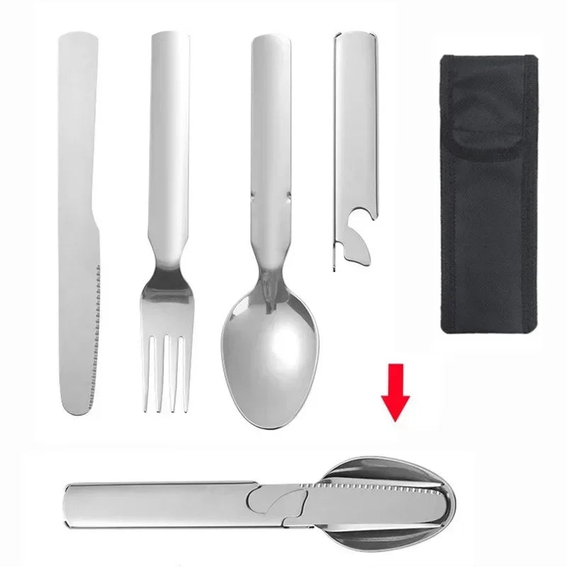 Stainless Steel Portable Outdoor Camping Multi-functional Combination Cutlery Knife and Fork Set Military Fan Fork and Spoon