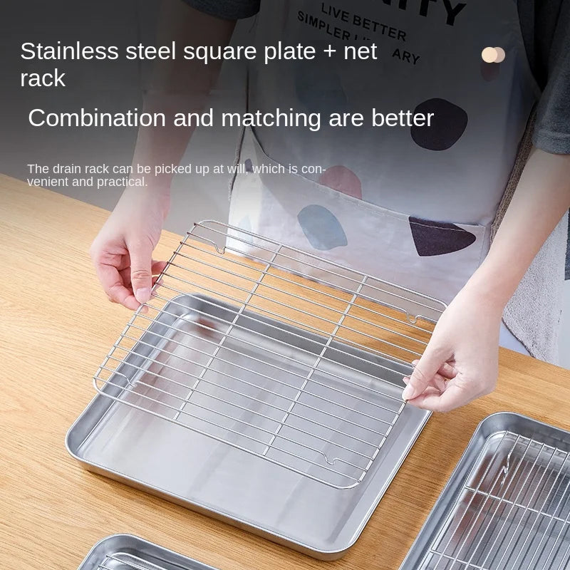 304 Wire Steaming Kebab Barbecue Mesh Rack BBQ Grill Mesh Net Carbon Stainless Steel deep Square Plate cafeteria Storage trays