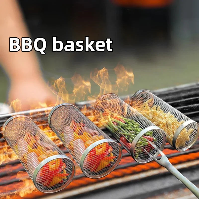 Rolling Bbq Basket- Greatest Grilling Basket Ever, Round Stainless Steel Grill Mesh, Camping Barbecue Rack For Vegetables,Fish