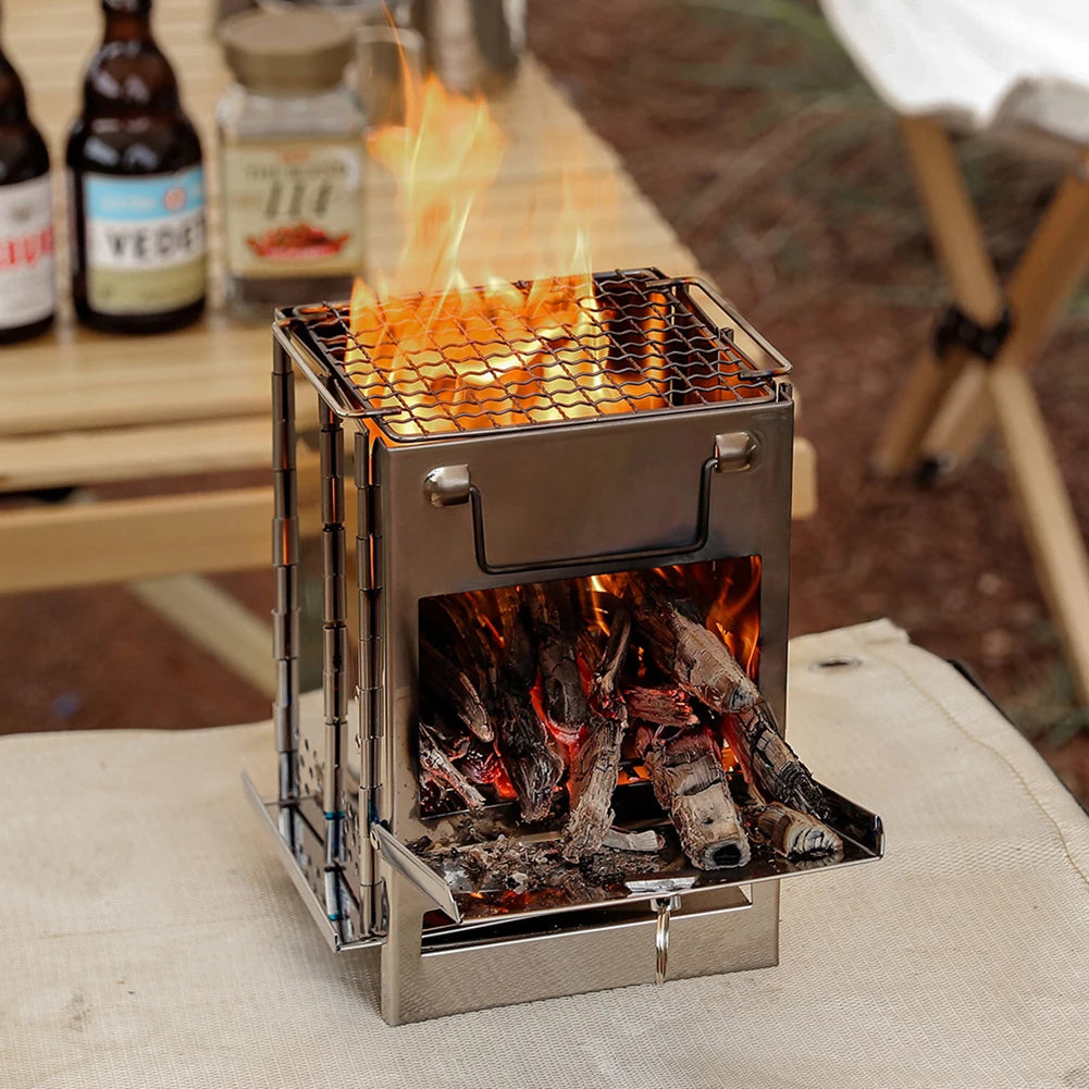 Mini Outdoor Firewood Stove Portable Camping Picnic BBQ Travel Folding Stainless Steel Wood Stove Charcoal Cooking