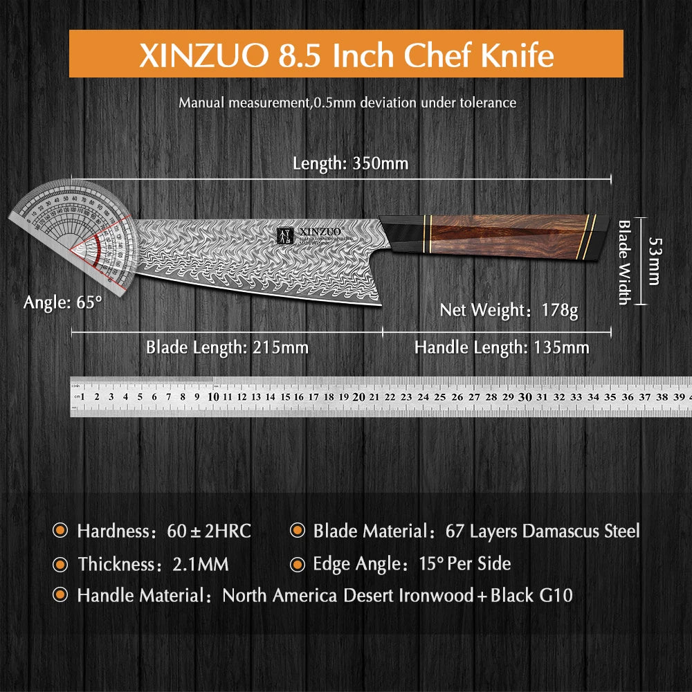 XINZUO 8.5'' Inch Chef Knife With Wooden Gift Box VG10 Damascus Steel Kitchen Chef Slicing Knife Cooking Knives with G10 Handle