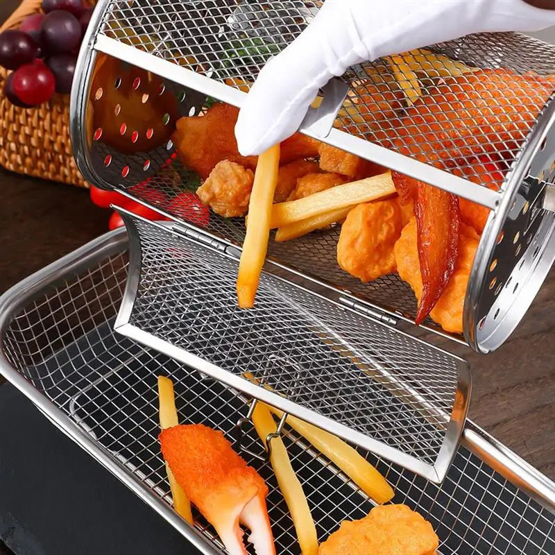 Stainless Steel Mesh BBQ Drum Chili Roaster Drum Oven Mesh Roasts Cylindrical Grilling Basket Air Fryer