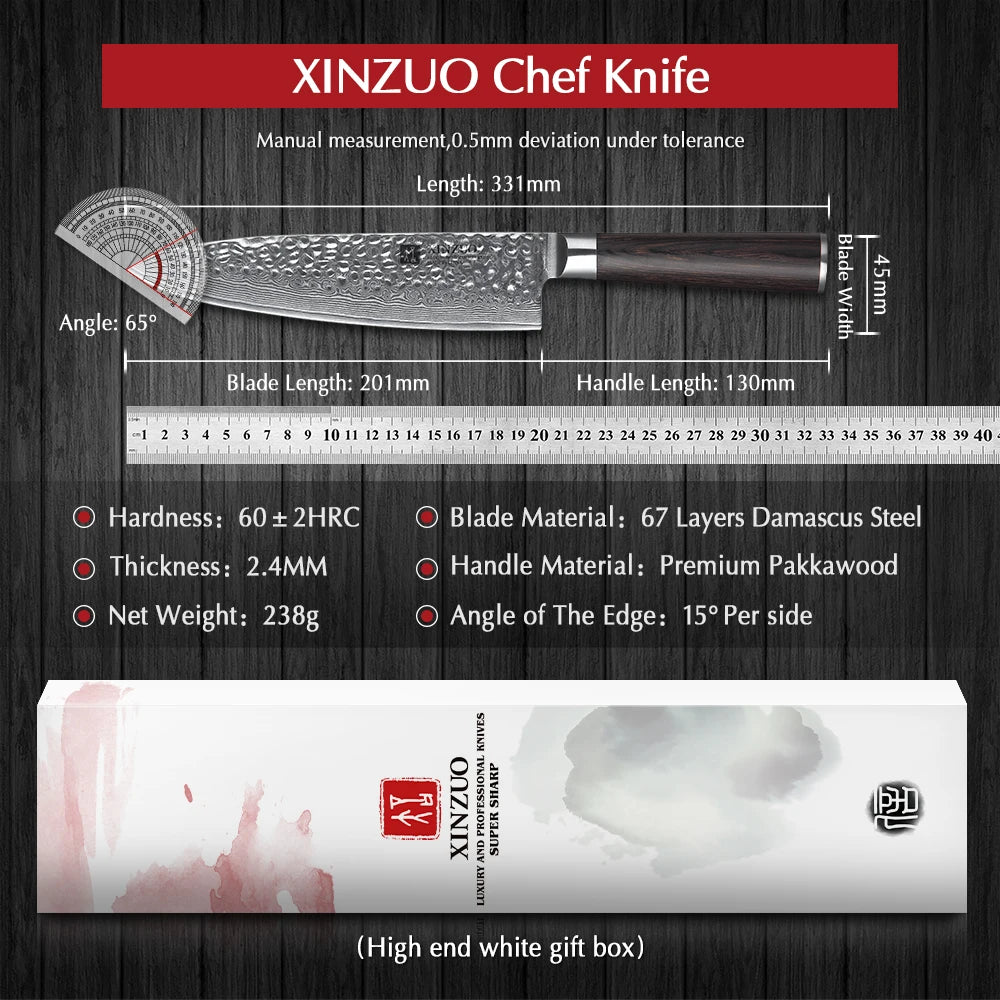 XINZUO 8 Inch Kiritsuke Chef Knife 67 Layers Damascus Steel Japanese VG10 Kitchen Knife Chef Cooking Knives Pakkawood Handle