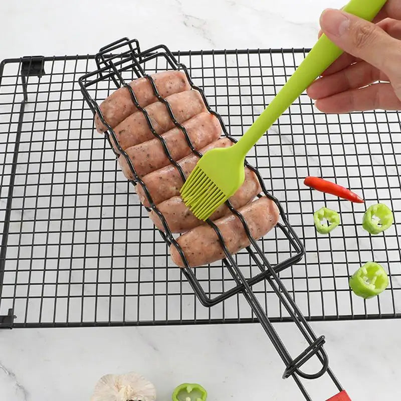 Grilling Basket Flexible Clamp Hot Dog Barbecue Clip With Wood Handle Grilling Basket For Vegetable Portable BBQ Rolling Basket