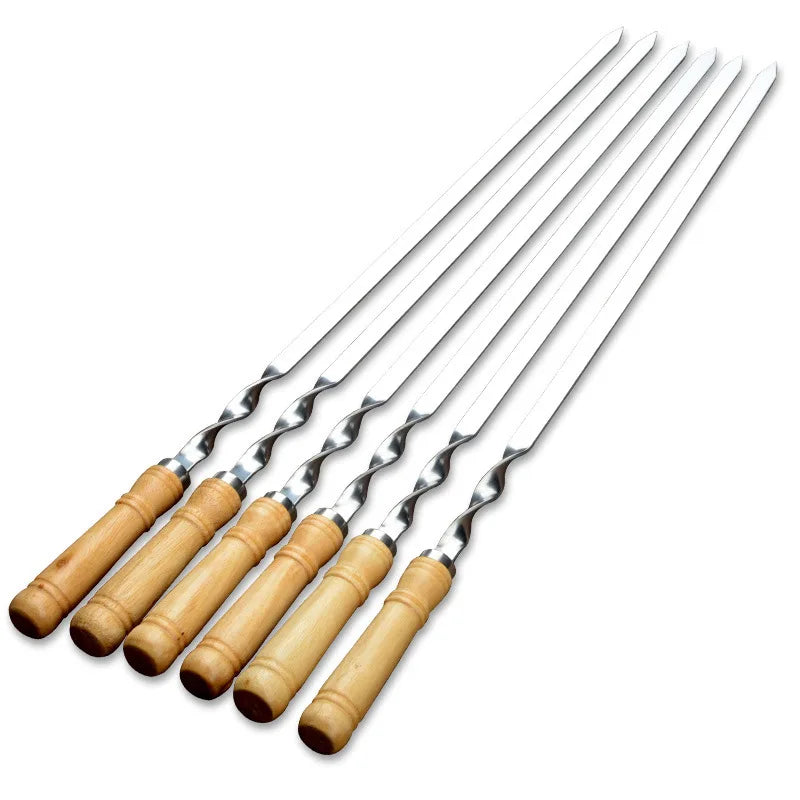 55cm 21.5" BBQ Skewers Long Handle Shish Kebab Barbecue Grill Stick Wood BBQ Fork Stainless steel Outdoors Grill Needle 6pcs