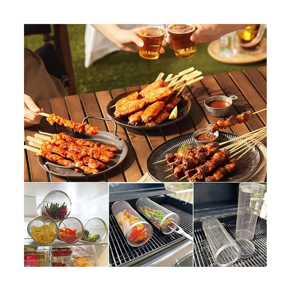 1-20cm Barbecue Rolling Grill Basket BBQ Net Tube Grill Basket BBQ Campfire Grid Family Travel Camping Picnic Cookware