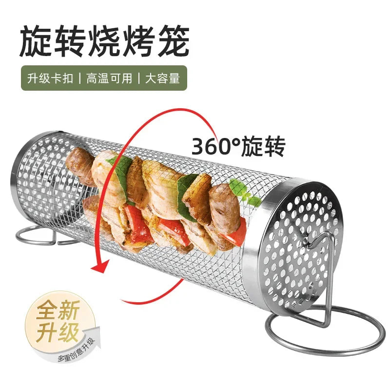 Barbecue Cages Barbecue Grill Grate Camping Picnic Cookware Outdoor Round BBQ Campfire Grill Grid Rolling Grill Basket   Suit