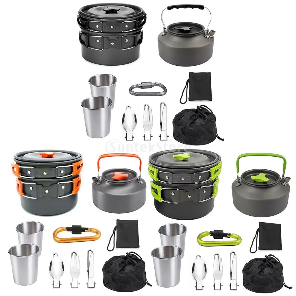 1 Set Outdoor Pots Pans Camping Cookware Picnic Cooking Set Non-stick Tableware With Foldable Spoon Fork Knife Kettle Cup