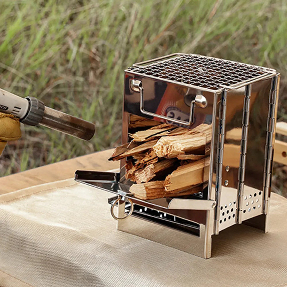 Mini Outdoor Firewood Stove Portable Camping Picnic BBQ Travel Folding Stainless Steel Wood Stove Charcoal Cooking